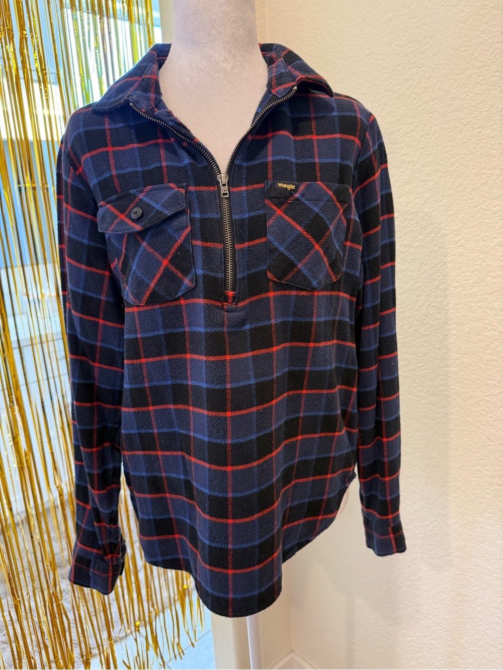 Wrangler Navy & Red Plaid Half-Zip Shirt